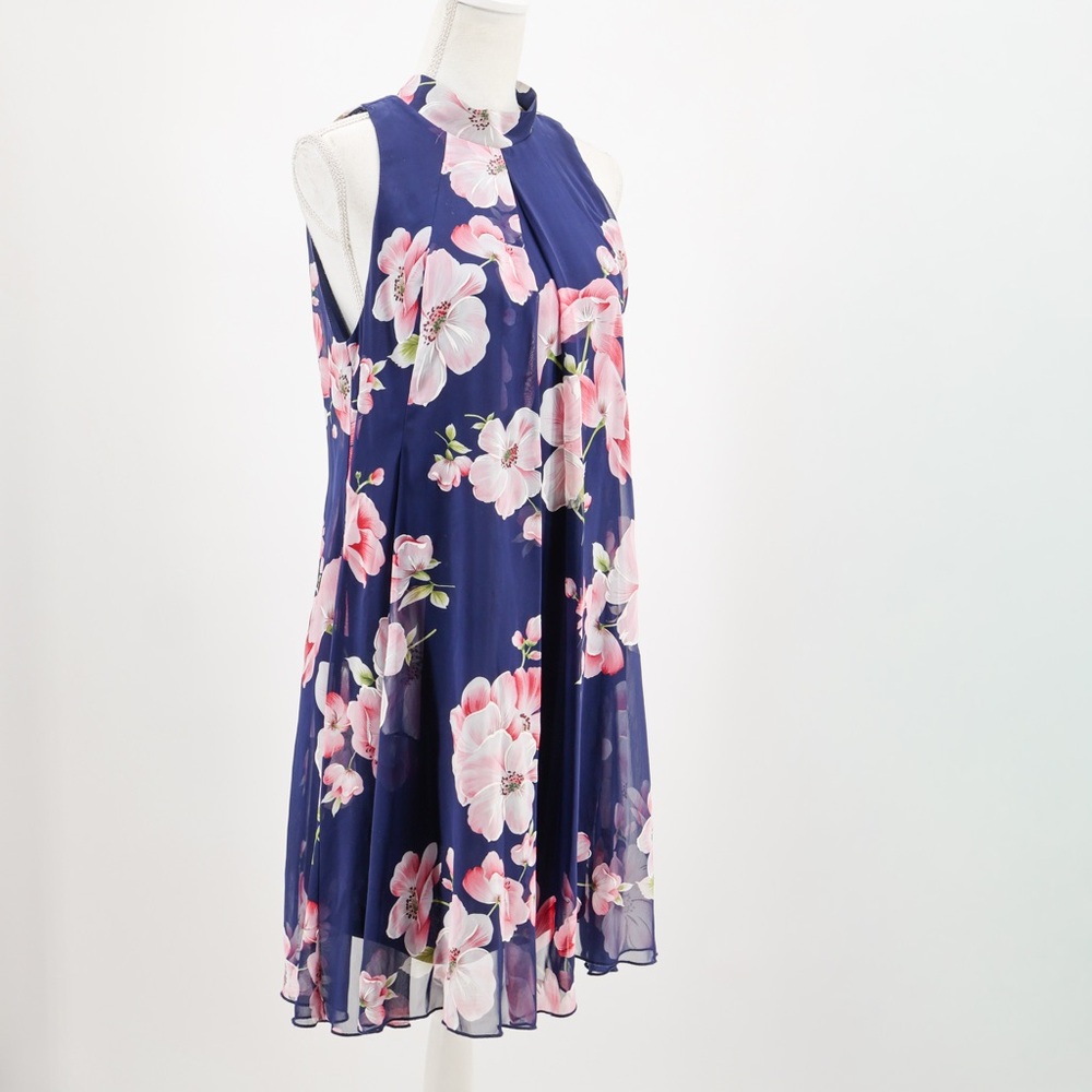 Signature by Robbie Bee Floral Chiffon Shift Dress‎ Mock Halter Navy Pink Size 8